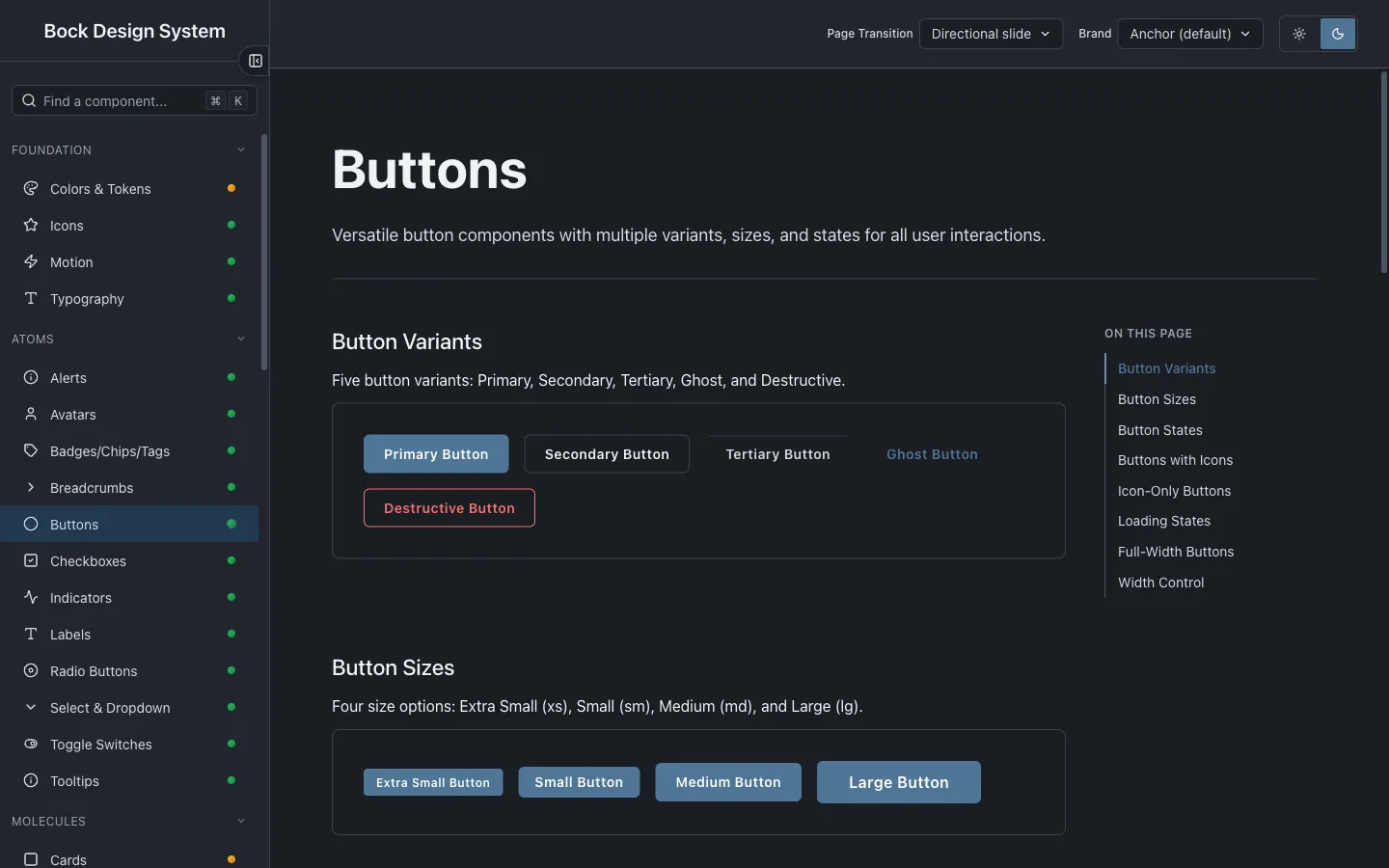 The Bock design system showcase, dark theme, on the Buttons page: a left sidebar of components grouped into Foundation, Atoms, and Molecules, a button variant matrix, and an on-this-page rail.