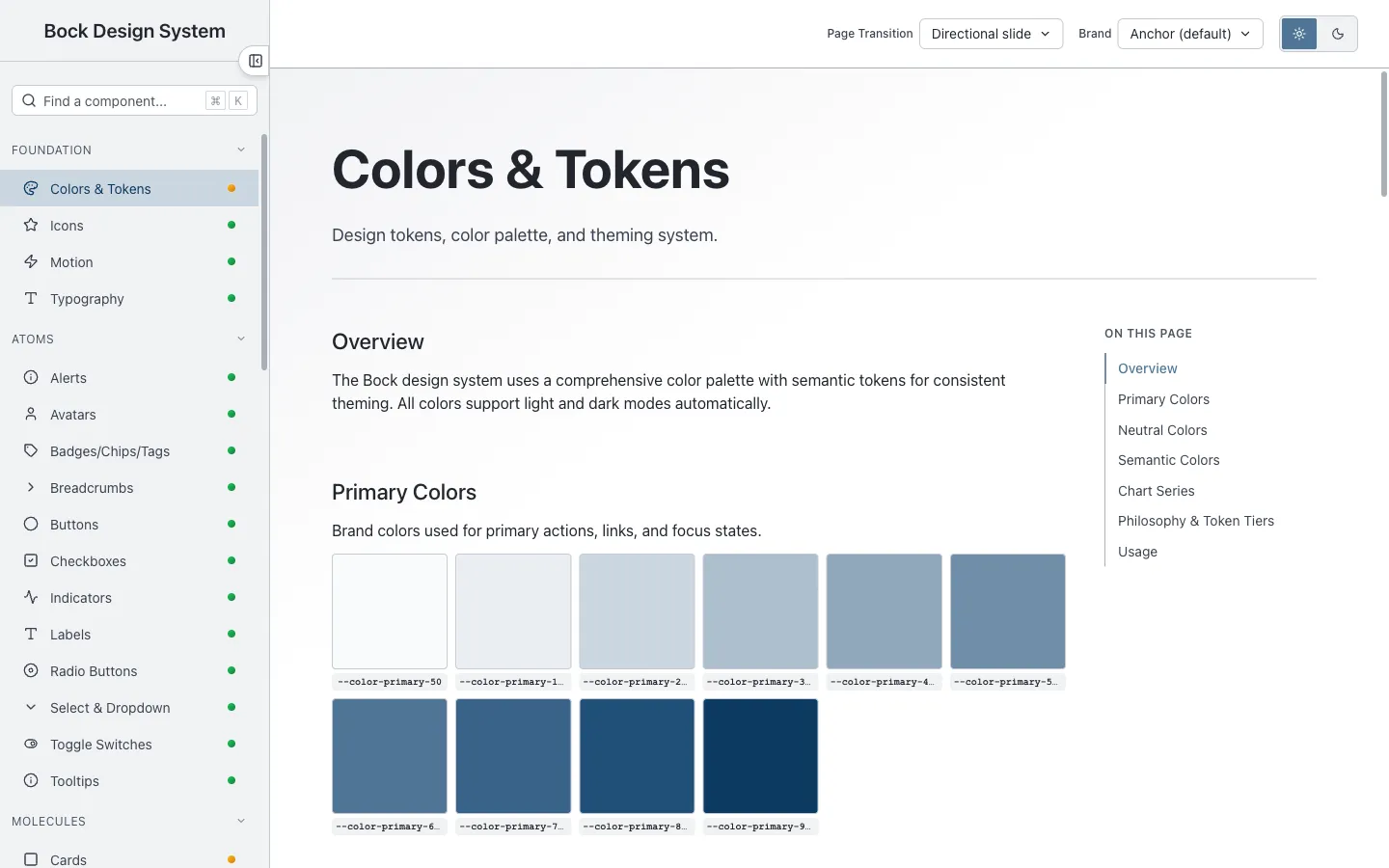 The same Colors and Tokens page in the light theme, showing the primary color ramp as swatches labelled with their CSS custom property names.